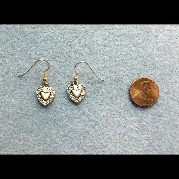 Pewter Heart Drop Earrings -Silver Plated Earwires - Picture 2 of 4